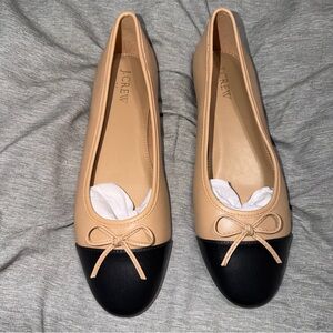 J. Crew Two-Tone Nude and Black Leather Bow Cap-Toe Ballet Flats
